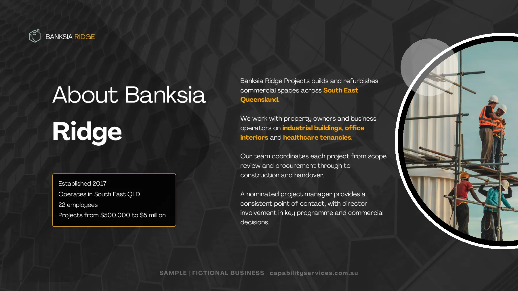 About Banksia Ridge, page 2 of the fictional Banksia Ridge capability statement