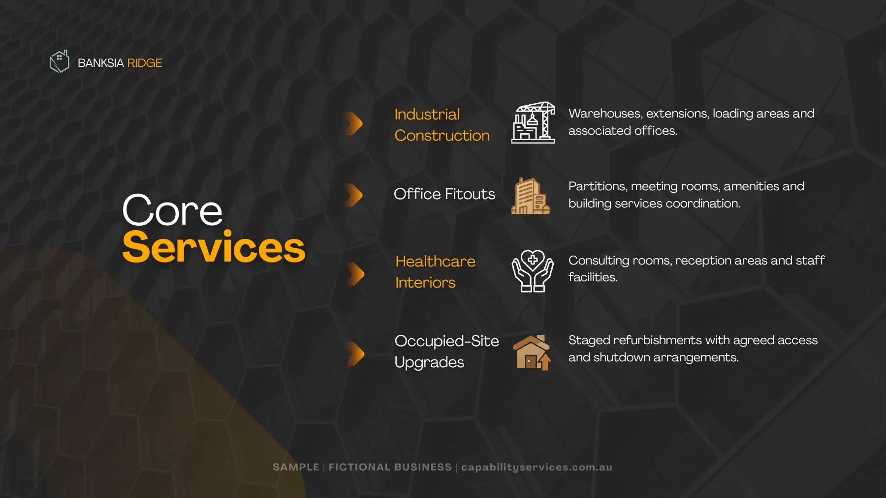Core services, page 3 of the fictional Banksia Ridge capability statement