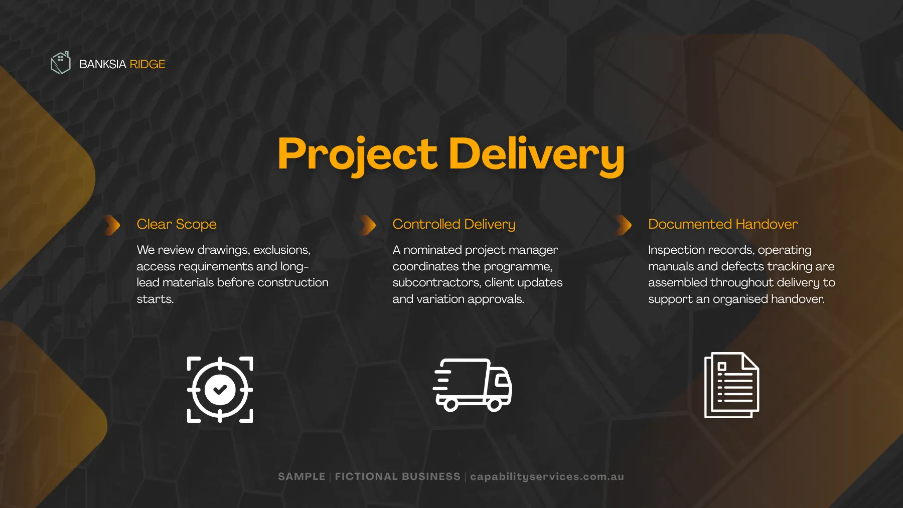 Project delivery, page 6 of the fictional Banksia Ridge capability statement