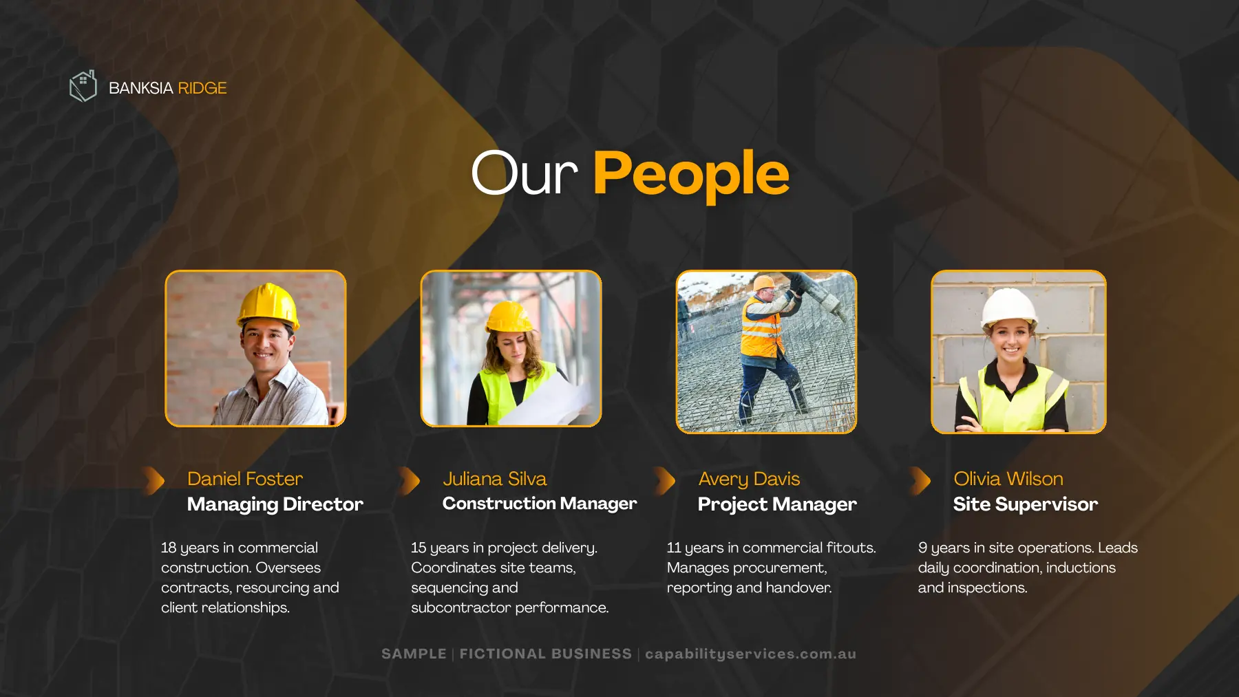 Our people, page 7 of the fictional Banksia Ridge capability statement