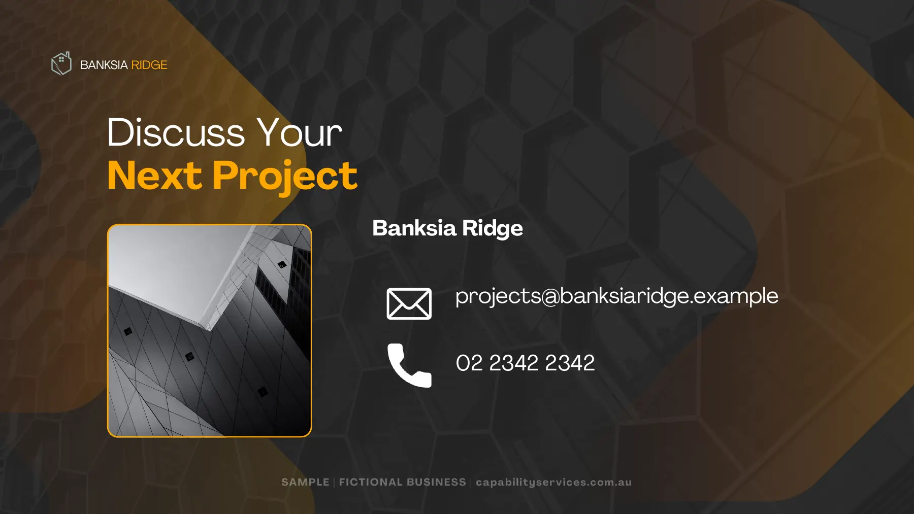 Contact details, page 8 of the fictional Banksia Ridge capability statement
